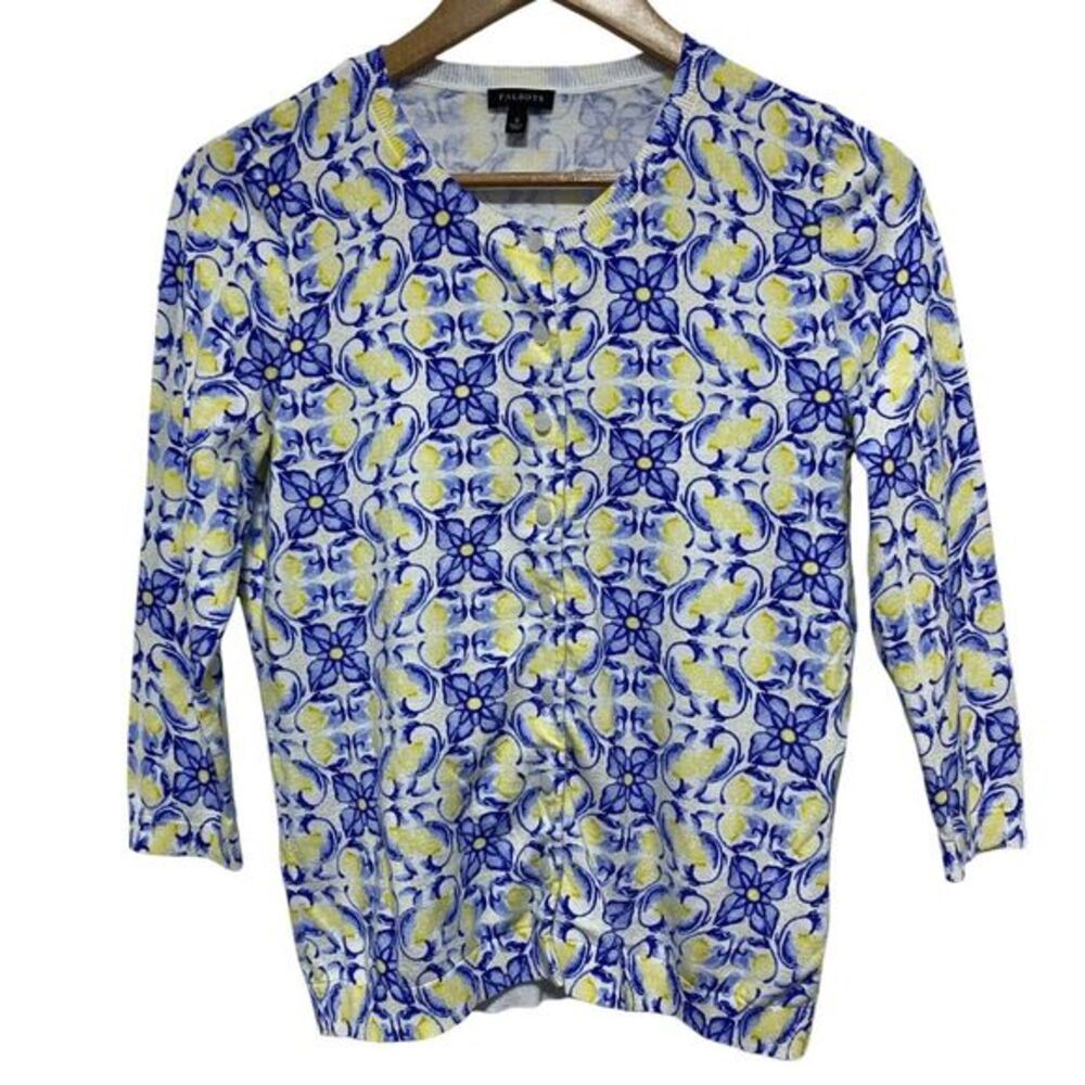Talbots Cardigan Women S Blue Yellow‎ Floral 3/4 Sleeve Button Front Preppy